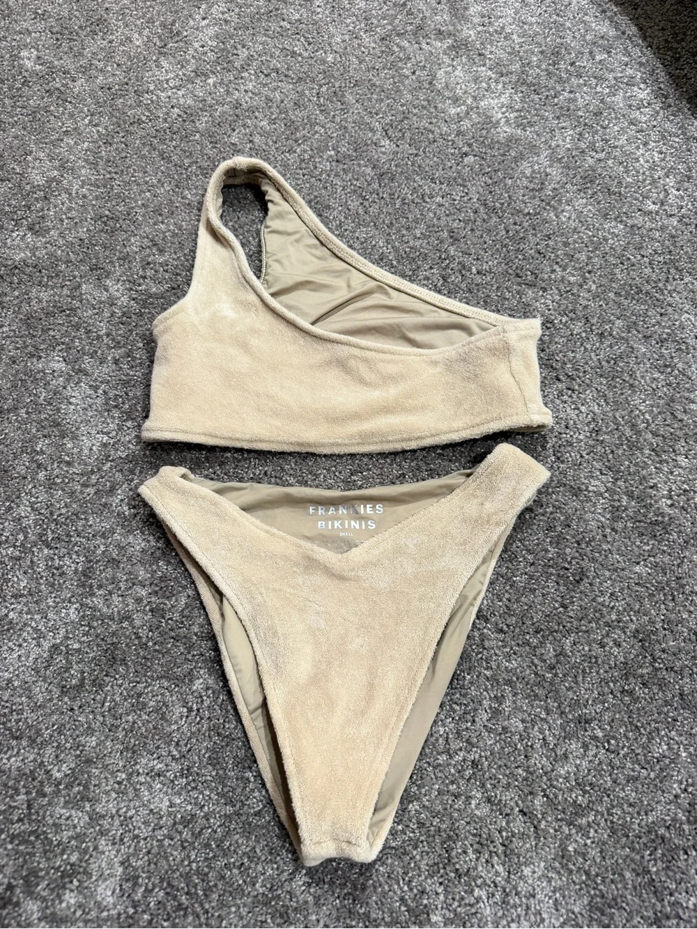 Frankie's Bikinis One-Shoulder Taupe Textured Bikini Set
